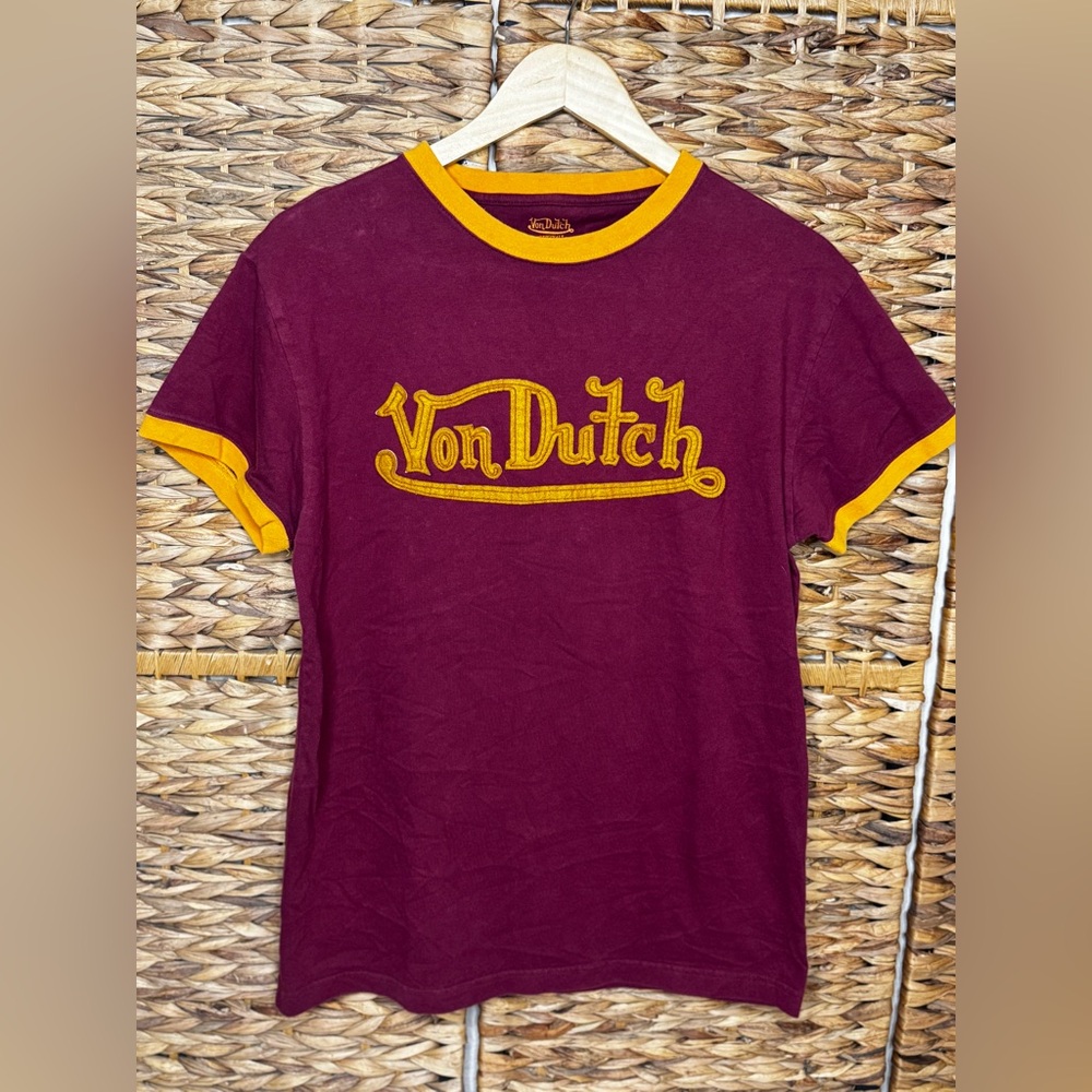 Von Dutch Maroon Tee with Gold Trim and Logo Womens Large